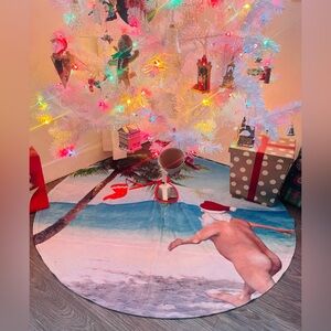 Christmas Tree Skirt Skinny Dipping Santa w Stocking on Palm Tree